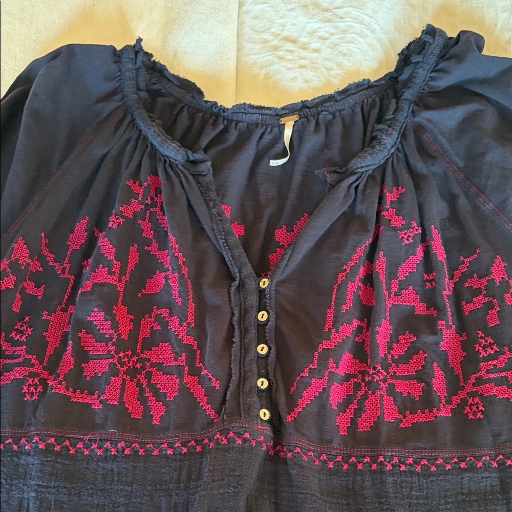 Free People Black Tunic with Deep Red Embroidery